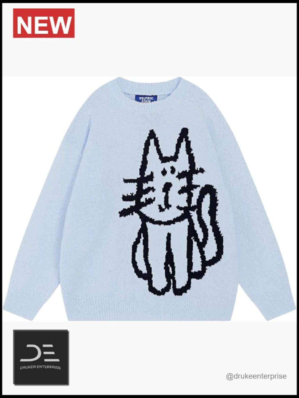 Oversized Pullover Sweater with Cat Print Long Sleeve Crew Neck